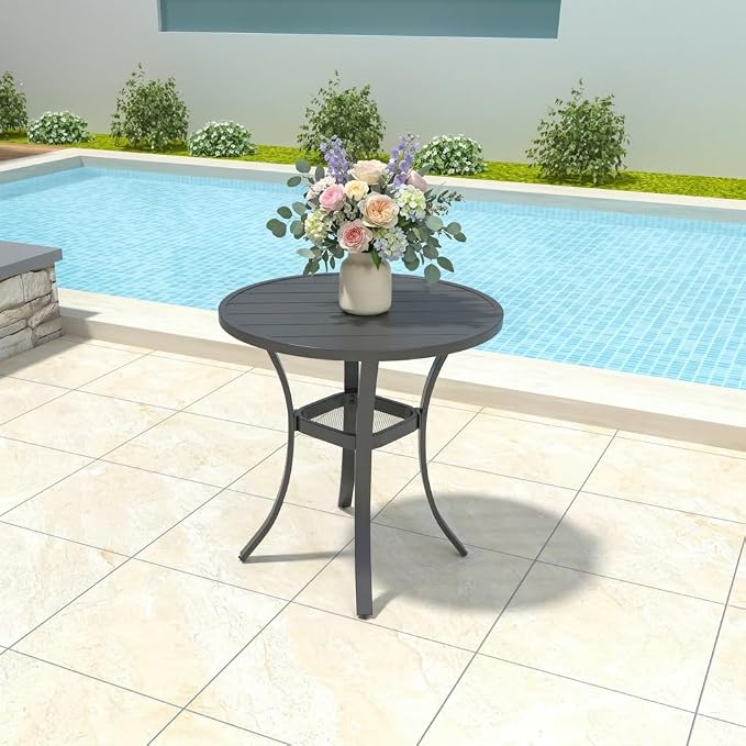 Anmutig 27.5 Inch Round Outdoor Metal Table for 2, Patio Bistro Table with Curved Legs, All Weather Slatted Table for Lawn, Garden, Balcony, Deck, Black