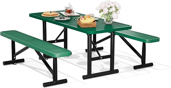 6FT Outdoor Metal Picnic Table with 2 Benches,Heavy Duty Rectangular Picnic Table Set for Outside, Waterproof Commercial Restaurant Table Furniture for Park, Campfield, Patio, Garden, Yard