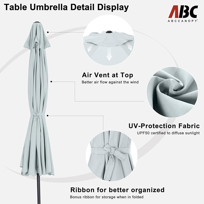 ABCCANOPY 10Ft Outdoor Patio Umbrella Garden Table Umbrella Market Umbrella with Tilt Adjustment and Crank for Garden, Deck, Backyard and Pool, 8 Sturdy Ribs, Ash Gray