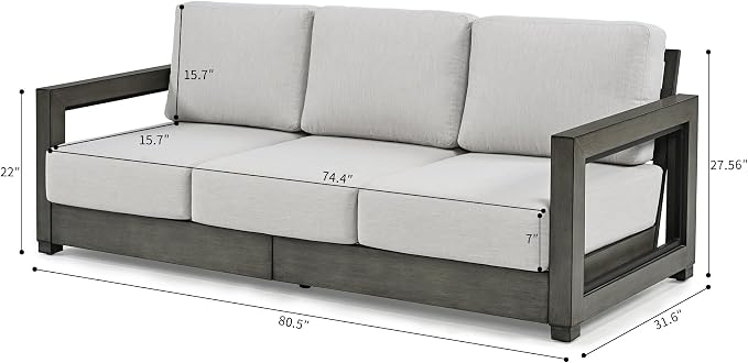 HAPPATIO Oversized Aluminum Patio Sofa 3 Seat, Outdoor Sectional Furniture with Thicken Cushions, Deep Seating and Widen Armrest, All-Weather Outdoor 3-seat Sofa for Backyard Poolside, Grey