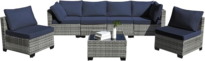CANMOV 7 Pieces Patio Furniture Sets, All Weather Outdoor Patio Conversation Set, PE Wicker Rattan Sectional Sofa Couch Glass Coffee Table Washable Cushions for Backyard Garden,Poolside, Navy Blue