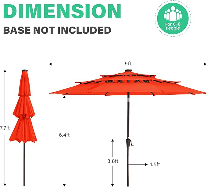 JEAREY 3 Tiers Patio Umbrella with Solar Lights 9ft Outdoor Market Table Umbrellas with Push Button Tilt for Outside Pool Garden, Orange