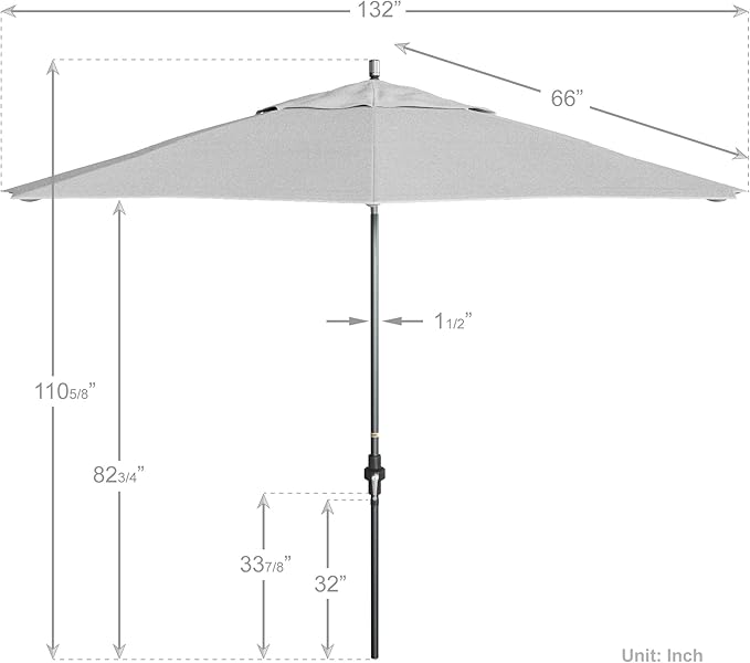 California Umbrella 11Ft Fiberglass Rib Patio Umbrella, Hand-Crank, Tilt-Collar, Gray Frame, Solution Dyed White Fabric