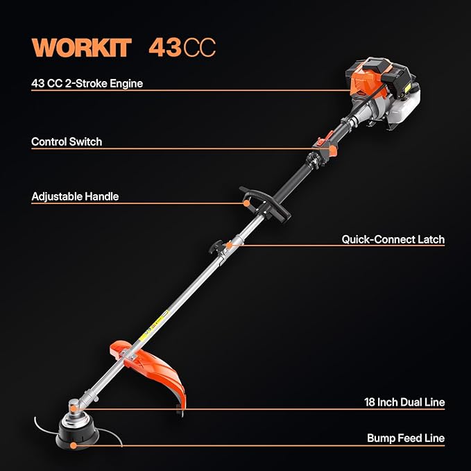 WORKIT 5-in-1 Gas Weed Eater 43CC 2-Stroke Weed Wacker Grass Trimmer 18" String Trimmer 3T/40T Brush Cutter, Hedge Trimmer Pole Saw, Heavy-Duty for Men & Professional Lawn Care