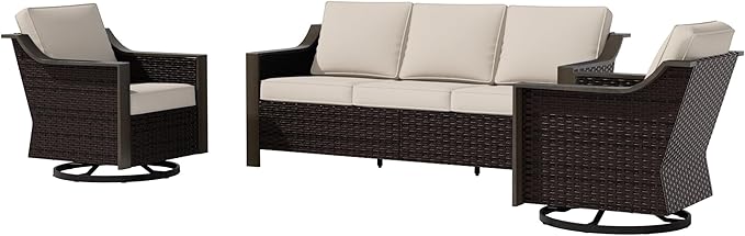 3 Piece Wicker Patio Conversation Set, All-Weather Use Outdoor Wicker Sofa with 2 PE Rattan Swivel Chair, Removable Water-Resistant Cushion, Ideal for Porch, Backyard, Balcony, Poolside, Beige