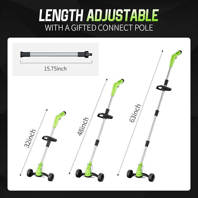 Electric Weed Wacker: Cordless Weed Trimmer with 2 * 2.0Ah Li-Ion Battery Powered & 4 Cutting Blade Types, Wheel Trimmer Lightweight Ajustable Pole &Back-Friendly Compact Power Tool for Lawn Yard Work