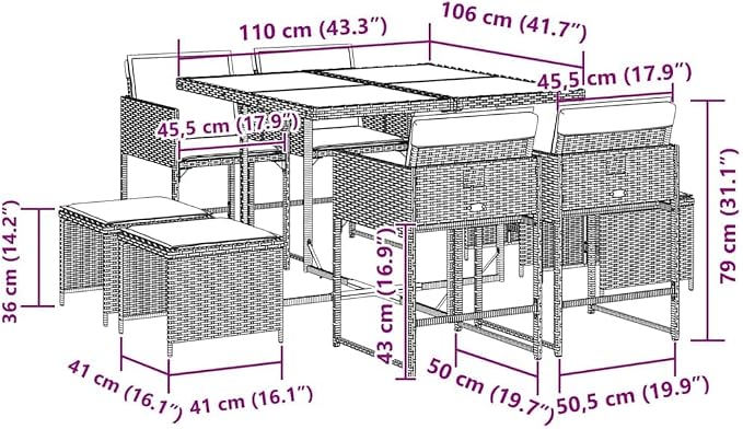 9 Piece Patio Dining Set, 8 Seater Outdoor Dining Table and Chairs Cube Set for Backyard, Garden and Terrace, Black Poly Rattan and Solid Acacia Wood