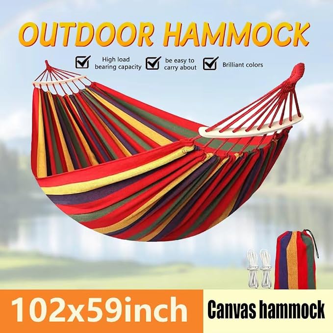 Cotton Canvas Hammock with Tree Straps - Portable Hammock for Outdoor Indoor Patio Backyard, Camping Hammock with Carry Bag, 440lbs Capacity, Without Stand(Red, with bar)