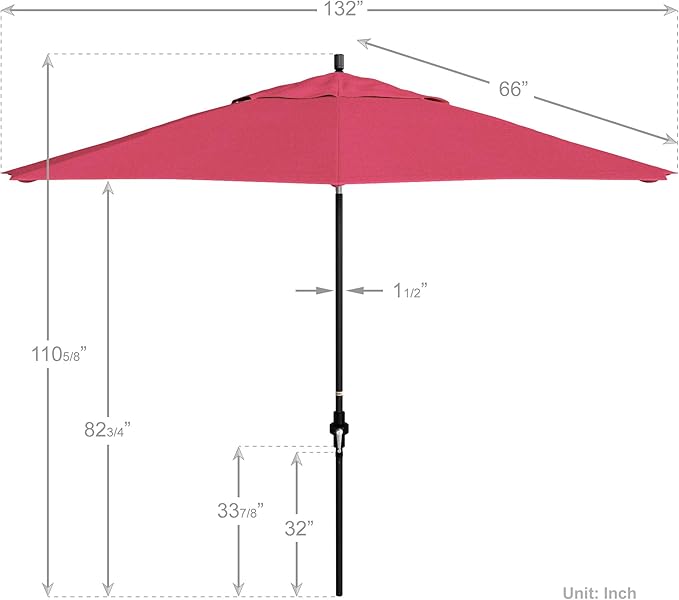 California Umbrella 11Ft Premium Sunbrella Patio Umbrella, Hand-Crank, Tilt-Collar, Black Frame, Hot Pink Fabric