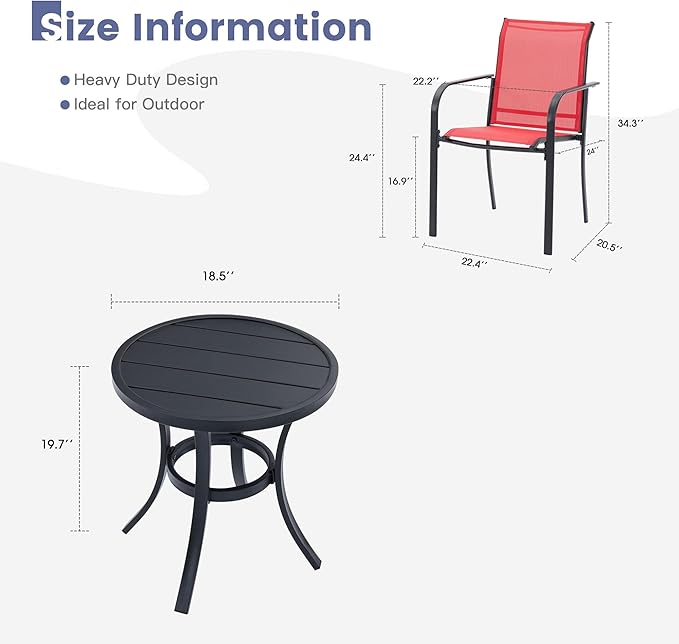 VICLLAX Outdoor Set for 2, Small Patio Table and Chairs Set of Stackable Patio Sling Chairs and Round Dining Table for Front Porch, Red Fabric and Black Table
