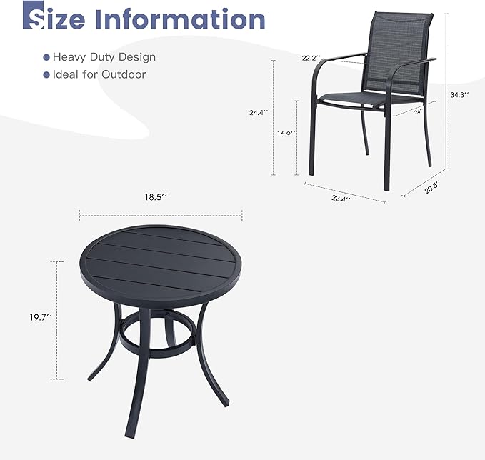 VICLLAX Outdoor Set for 2, Small Patio Table and Chairs Set of Stackable Patio Sling Chairs and Round Dining Table for Front Porch, Dark Grey Fabric and Black Table