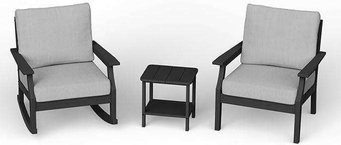 HDPE Patio Conversation Set, 3-Piece All Weather Outdoor Furniture Set with 1 Single Sofa,1 Rocking Sofa for Deck, Lawn, with Cushion, Black