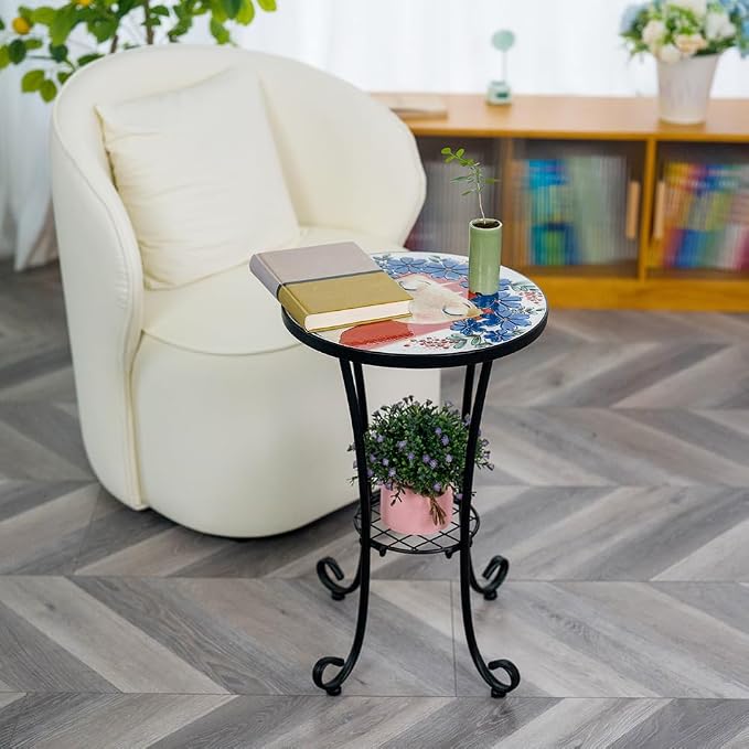 14 Inch Mosaic Patio Side Table with Scroll Legs, Indoor Outdoor Accent Round End Table with Ceramic Tile Tops for Yard, Garden, Living Room, Bistro, B - Red Hair Girl