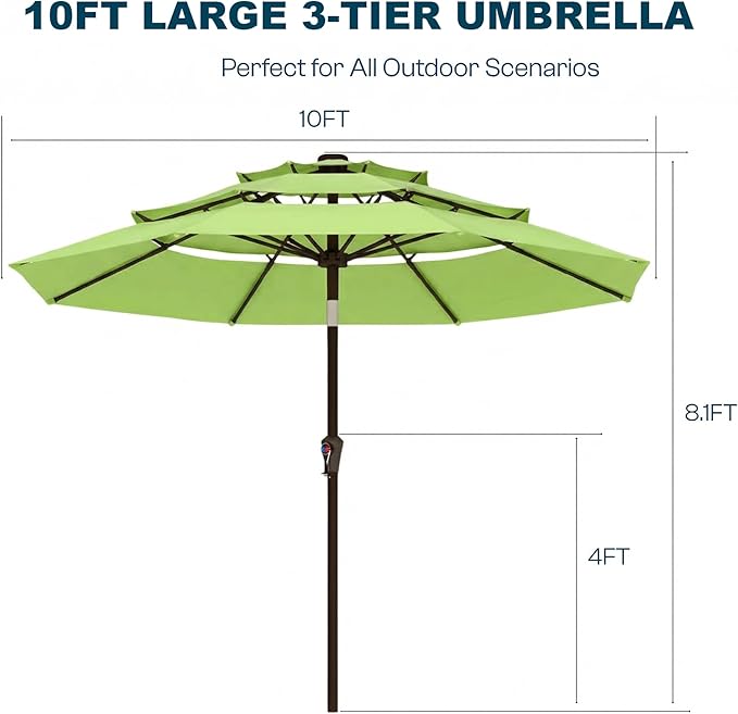 10ft Patio Umbrella, 3 Tier Outdoor Market Table Umbrellas with 8 Fiberglass Ribs and Push Button Tilt, Windproof, Vented Canopy, UV Protection for Deck, Pool, Backyard
