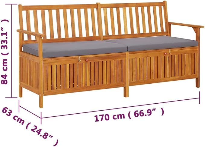 Patio Storage Bench with Gray Cushion, Outdoor Wooden Deck Box, Solid Wood Patio Furniture for Outdoor Cushions, Pool Storage and Garden Tools, 66.9"x24.8"x33.1", -335