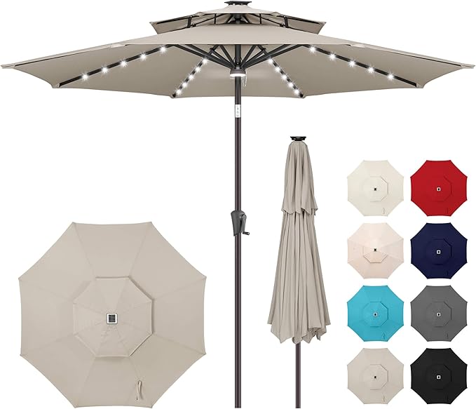 9ft Solar Umbrella Outdoor - 2-Tier Lighted Solar Patio Umbrella with 40 LED Lights Waterprool UV Protection, Table Umbrella with Tilt for Pool, Porch, Garden, Backyard (Taupe)