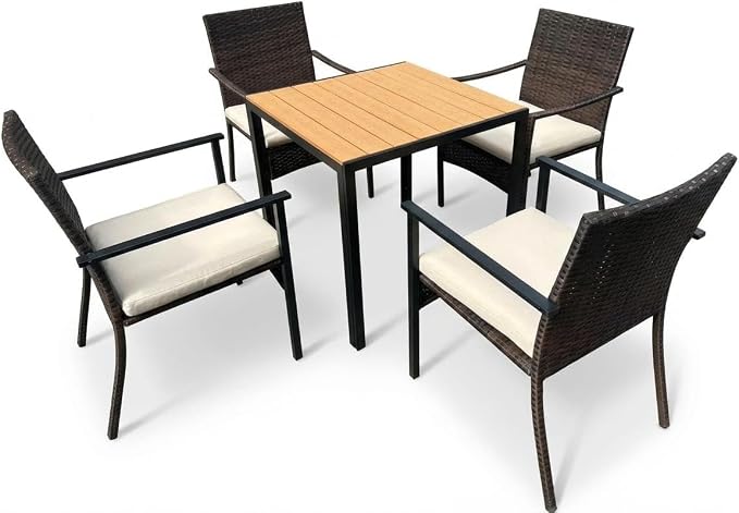 5 Piece Patio Dining Set, Wicker Outdoor Table and Chairs with Umbrella Hole & Soft Cushion, Patio Furniture Set for Backyard, Garden, Poolside, Deck - Balck&White