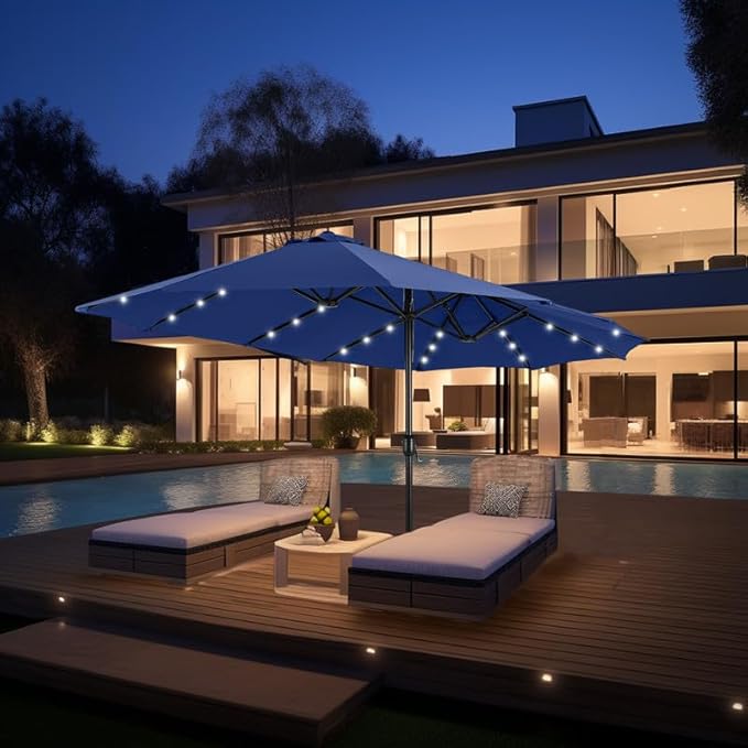 GREEN PARTY 15 ft Large Outdoor Patio Umbrella with Solar Led Lights & Base Included, Double-Sided Rectangular Table Umbrella with Stand, Market Umbrellas for Deck Poolside Garden Backyard, Haze Blue