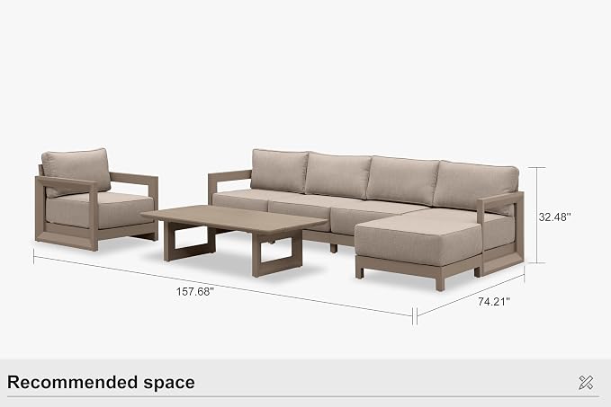 PURPLE LEAF Patio Furniture Set Open-End Outdoor Couch with 9.6" Thick Cushion and Soft Pillows 7 Piece Outdoor Sectional Sofas with Ottoman Modern Outdoor Conversation Sets for Yard Porch Deck, khaki