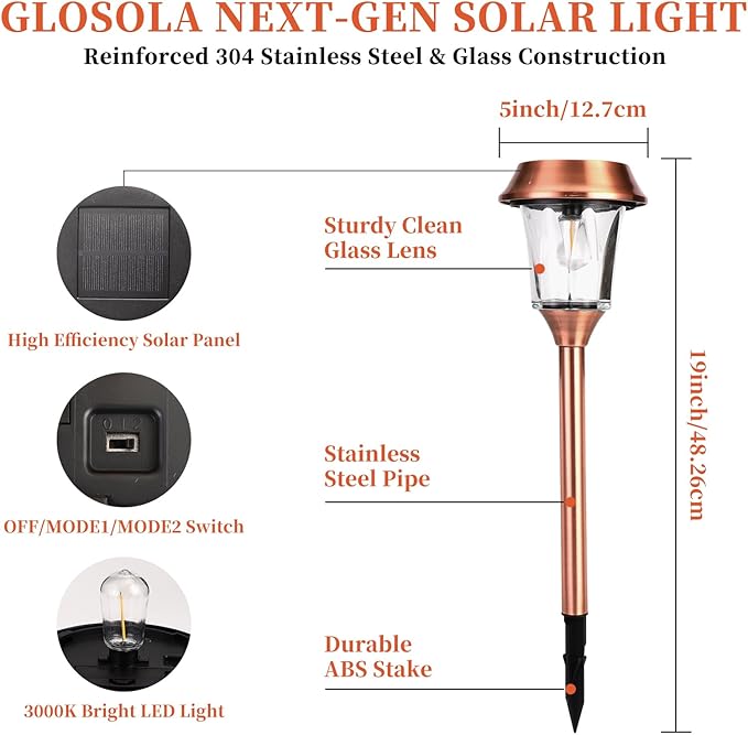 Solar Pathway Lights Outdoor 4 Pack, Stainless Steel & Glass Solar Garden Lights, Auto Dusk to Dawn IP65 Waterproof LED Path Lights for Yard, Lawn, Walkway, Driveway