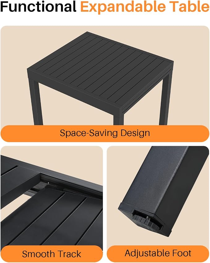 Patio Aluminum Extendable Dining Table, Never-Rust Expandable Outdoor Dining Table for 4-8 Person, 38"-77" Expandable Patio Table Rectangle Patio Dining Table for Porch, Deck, Garden, Black