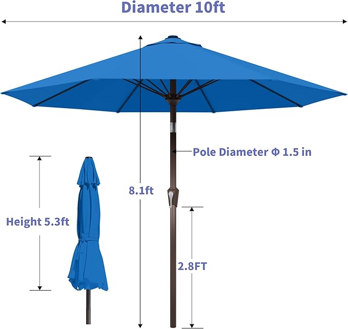 Kingdura 10FT Outdoor Patio Umbrella, Market Table Umbrella with Push Button Tilt and Crank, 8 Sturdy Fiberglass Ribs, UV Protection for Pool, Lawn, Deck, Backyard, Garden (Royal blue)