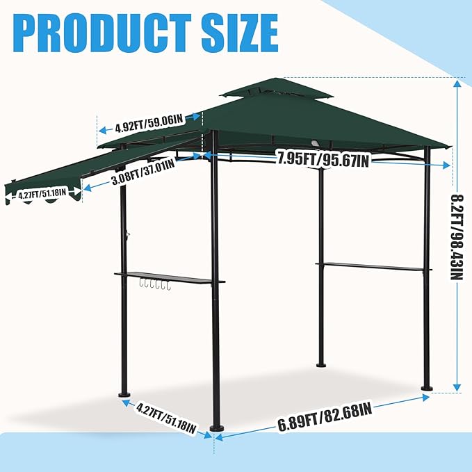 FAB BASED 5x8 Grill Gazebo with Extra Awning, All-Weather Steel Construction, Double Tiered & Resistant Canopy Roof, Metal Serving Shelves, 2 LED, Bottle Opener for Patio, Backyard, BBQ (Green)