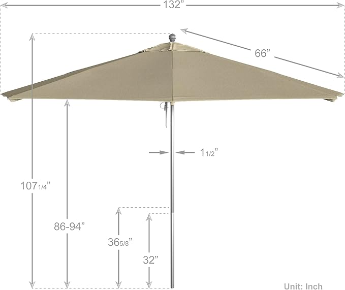 California Umbrella 11Ft Commercial Grade Sunbrella Fabric Market Umbrella, Pulley Lift, Aluminum/Fiberglass, 2mm pole wall, Silver Frame, Canvas Fabric