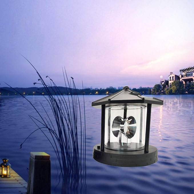 15 * 15 * 17cm Solar Lighthouse Rotating Light, Led Rotating Lighthouse Beacon Lamp Rotating Outdoor Decorative Lamp Energy Saving Solar Landscape Light (Black)