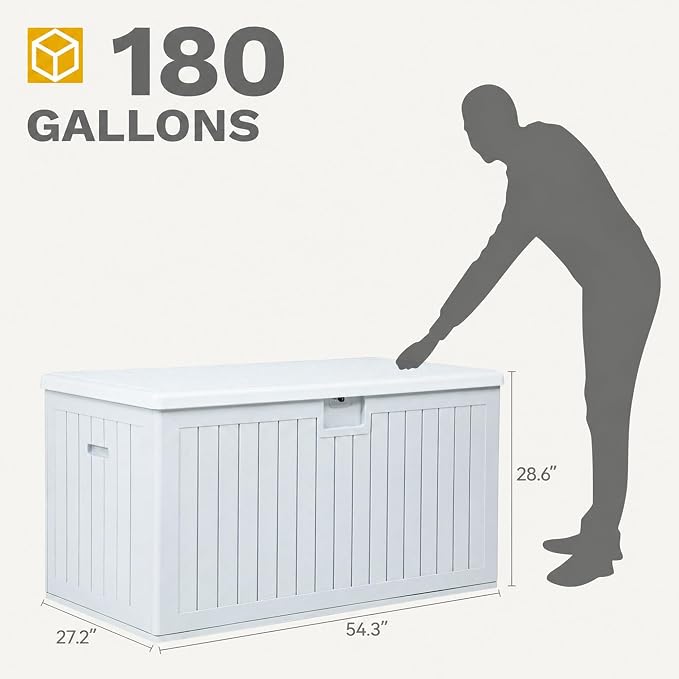 DWVO 180 Gallon Double-Wall Deck Box, XL Large Resin Outdoor Storage Box, Lockable & Waterproof, Double as Seating, 1000lbs Capacity (Grayish-White)