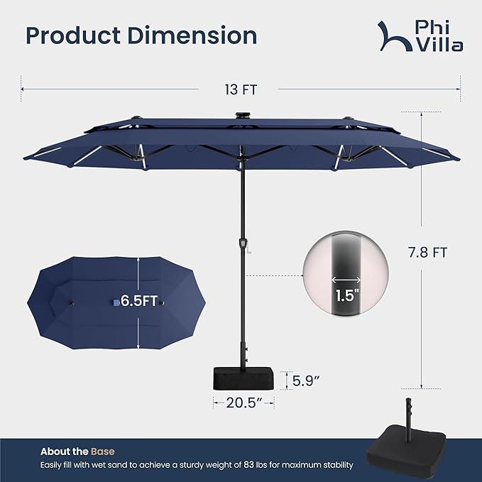 PHI VILLA 13ft Patio Umbrella with 120 PCS Solar-Powered LED Color-Changing Lights, 2-Tier Double-Sided Large Rectanglular Umbrella with Base Included, Blue