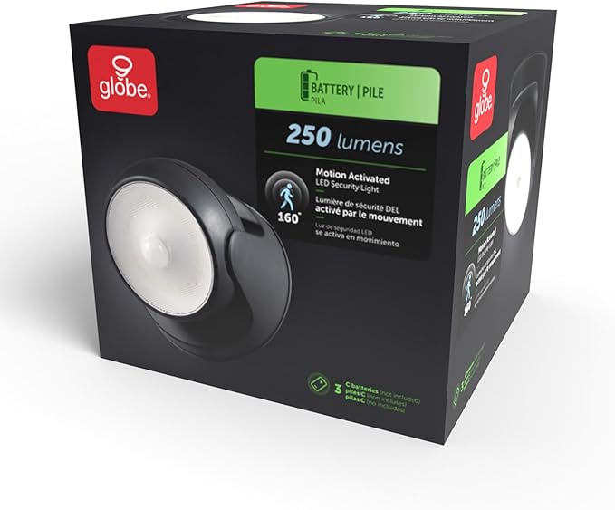 GLOBE Electric 17000183 160-Degree 3W Black 250 Lumens Battery Operated Outdoor Integrated LED Orb Light Security Light, Rotating Lamp Head, Outside House Lights
