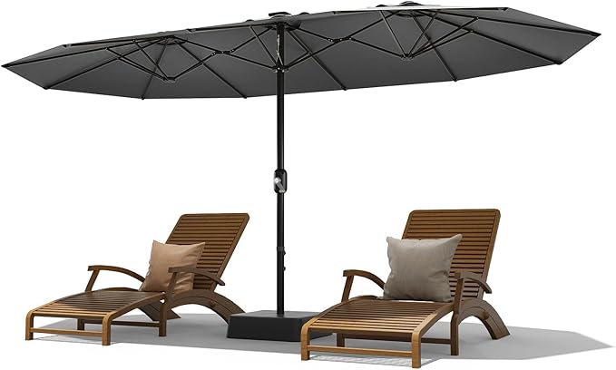 15FT Large Patio Umbrella with Base Included, Outdoor Double-Sided Rectangle Market Umbrella with Crank Handle for Pool, Lawn, Garden, Backyard, Grey