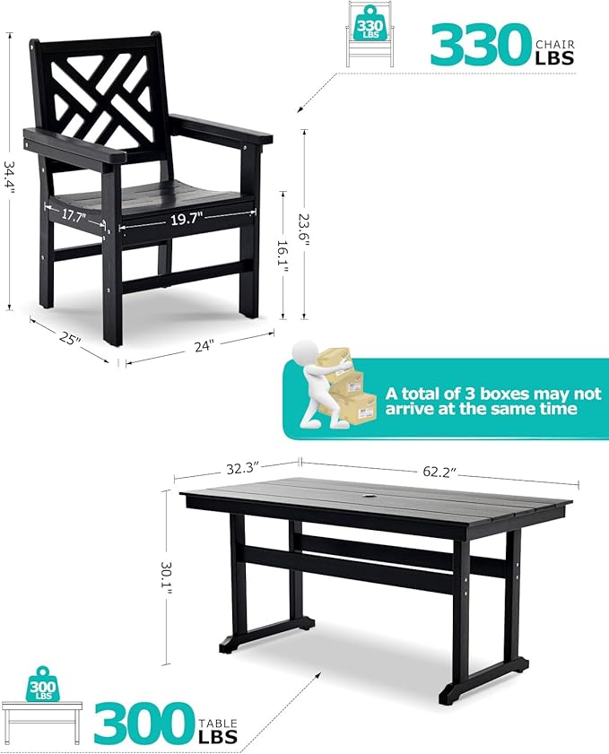 5 Piece HDPE Outdoor Dining Set for 4 Patio Dining Furniture Set with Umberlla Hole, Weather Resistent Outdoor Table and Chairs for Garden, Poolside, Backyard, Deck, Black