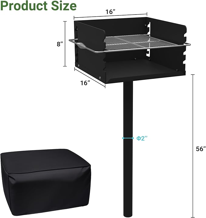 Park Grills, 256 Sq. In, Park Style Charcoal Grill, Heavy Duty In Ground Park Grill with Stainless Steel Cooking Grate and Cover for Commercial and Outdoor Cooking 16'' L x 16'' W x 8'' H