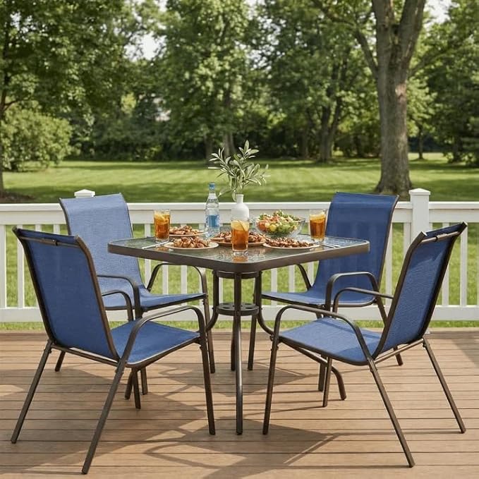 Arlopu 5 Piece Outdoor Patio Dining Set (Umbrella not Included), Porch Furniture with 4 Textline Chairs, 1 Square Glass Table for Garden, Backyard and Poolside, Lawn (Navy Blue)