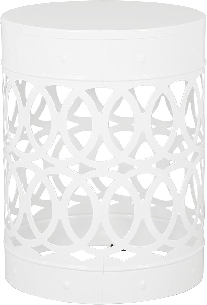 Outdoor Round Metal End Table Cut Out Design, Metal Round Patio Table Garden Stool Side Tables for Indoor Outdoor (White)
