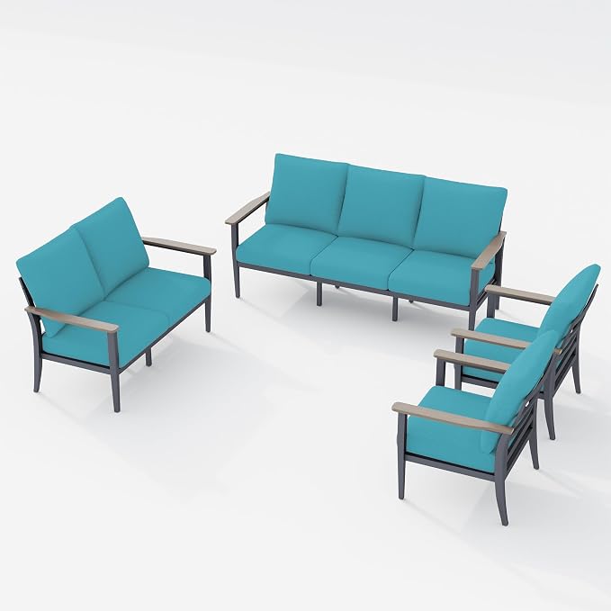 Aluminum Outdoor Patio Furniture Set 7-Seat, Patio Conversation Set Sectional Furniture Set with High Backrest & Thickened Cushions for Garden, Backyard, Poolside, Turquoise