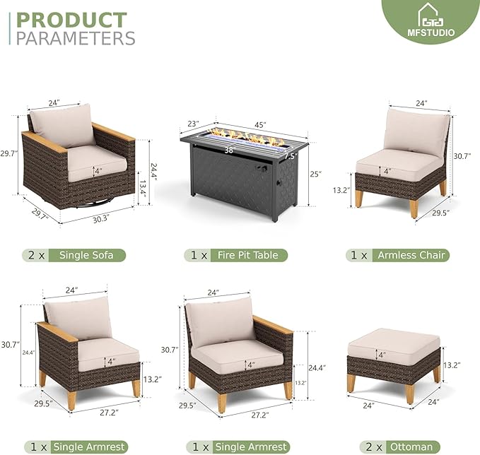 MFSTUDIO 8 Piece Wicker Patio Furniture Sets with Fire Pit Table, 2 x Swivel Chair, 2 x Ottoman, 3-Seat Sofa, All-Weather PE Rattan Patio Conversation Set Sectional Sofas for Garden(Beige Cushions)