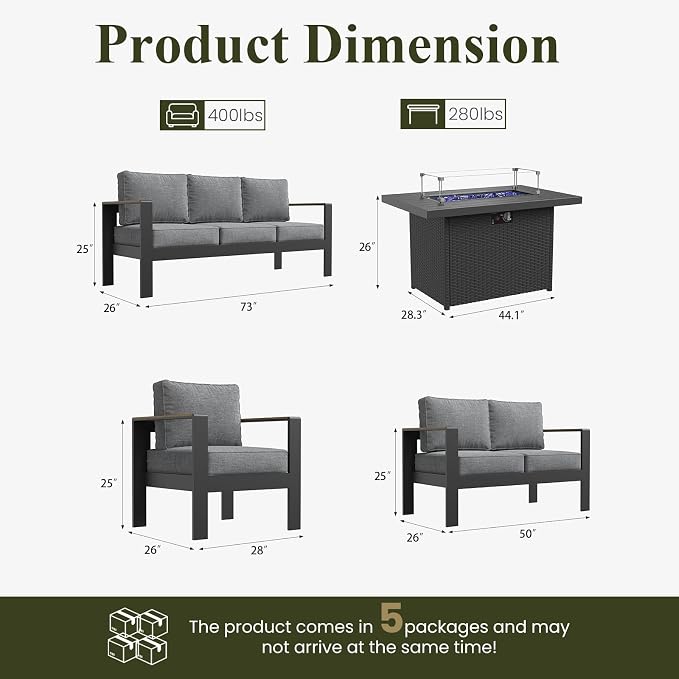 LayinSun 7 Piece Aluminum Outdoor Furniture Set with Fire Pit Table, Outside Patio Deep Seating Conversation Set with Upgraded Washable Thick Cushion