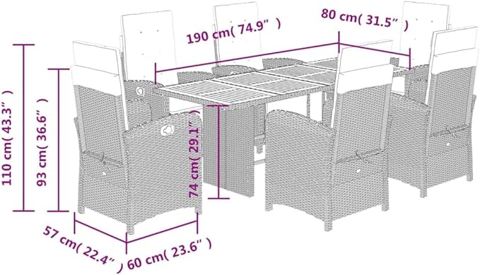 Backyard Furniture Patio Conversation Sets Outdoor Seating 7 Piece Patio Dining Set with Cushions Gray Poly Rattan Suitable for Gardens, Balconies, Decks