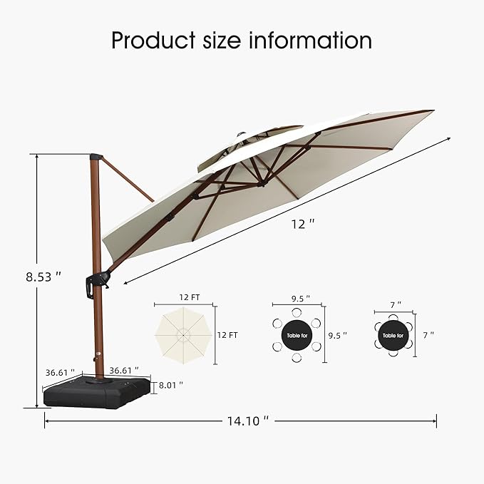 PURPLE LEAF Cantilever Umbrella with Base Outdoor Round Umbrellas Large Cantilever Umbrella Windproof Offset Heavy Duty Sun Umbrellas for Garden Deck Pool Patio, 12ft Cream