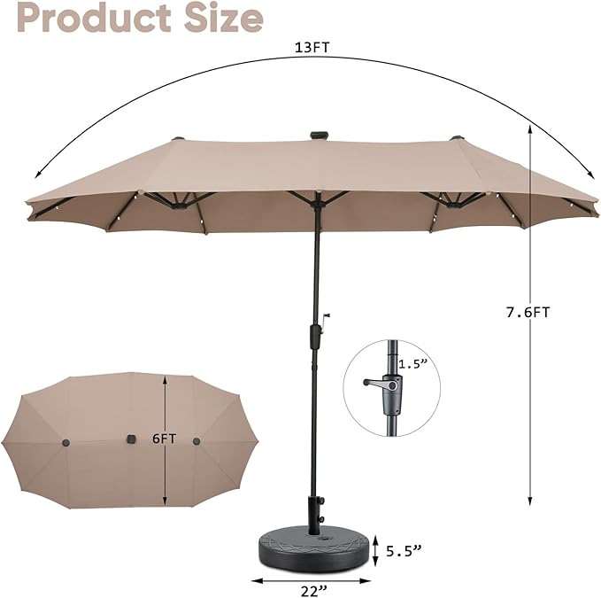 13Ft Large Patio Umbrella with Base Outdoor Double-Sided Market Extra Large Table Umbrella With Solar Lights Easy Crank for Yard, Poolside, Deck-Khaki