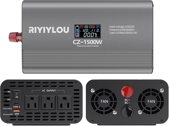 1500W Pure Sine Wave Inverter (3000W Peak), 12V/24V Auto-Detect, 50Hz/60Hz Switchable, LCD Display, Type-C Fast Charging, Silent Design, Overload & Overheat Protection for RV, Home