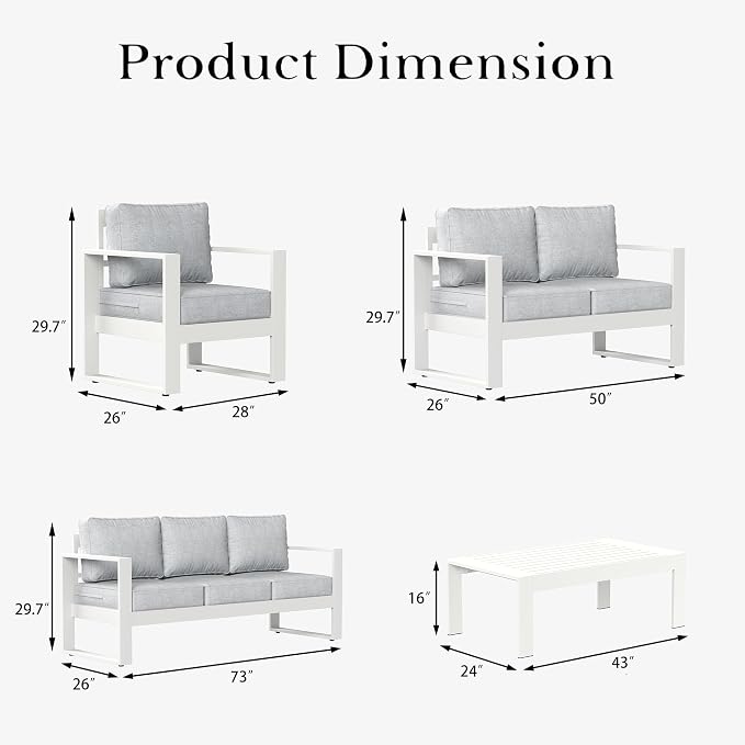 LayinSun 5 Pieces Aluminum Outdoor Patio Furniture Set, Metal Modern Conversation Sofa Set with Coffee Table and Washable Thick Cushions for Porch, Backyard, Deck