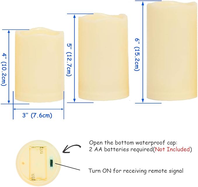 3PCS 4" 5" 6" Outdoor Waterproof LED Pillar Candles with Remote & Timer/Large Battery Operated Flickering Flameless Plastic Fake Candles for Outside Patio Decorative Hanging Lantern Home Decor