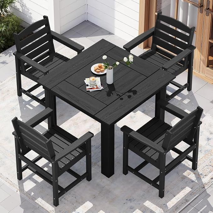 KINGYES 8-Piece HDPE Outdoor Dining Set for 6, Square Patio Table & Armchairs with Umbrella Hole, All-Weather Patio Dining Set for Backyard, Garden, Lawn & Poolside, Black