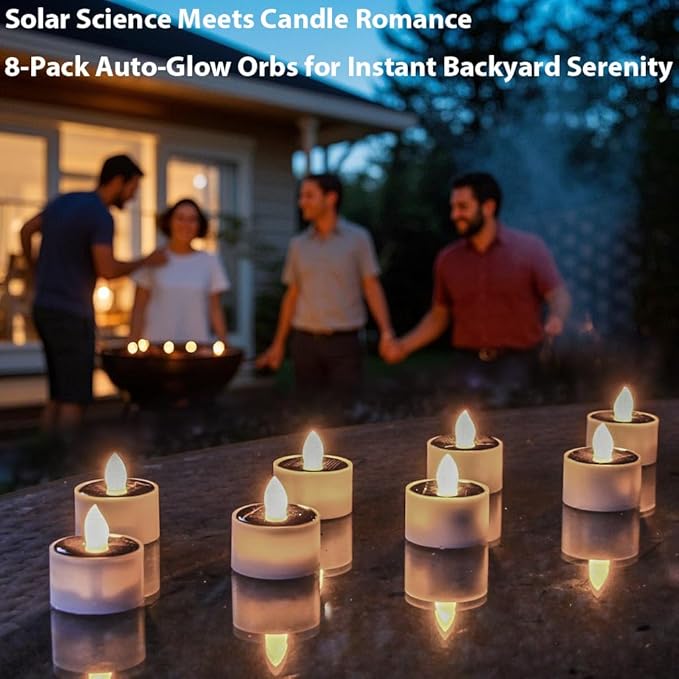 Solar Tea Lights Outdoor Waterproof, 8pcs Rechargeable Dusk to Dawn Little Solar Votive Candles, Flameless Flickering Small Light for Lantern Window DIY Chandelier Patio Deck Garden Decor (Warm White)