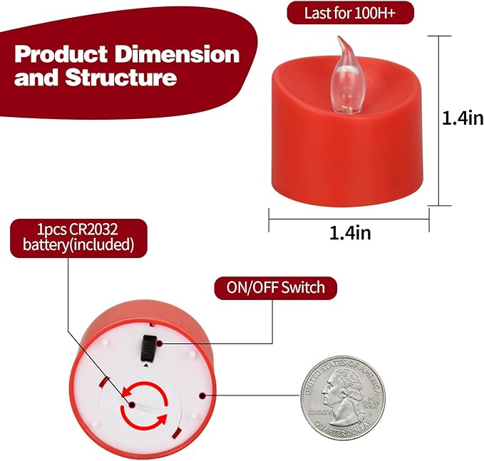 12 Pack LED Tea Lights, Last 100H+, Red Flickering Light