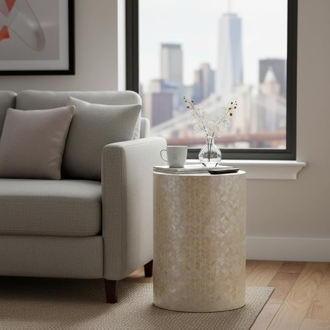 PEMAR Capiz Shell Cylinder Drum End Table Nacre Side Table Stool Round Drum Accent Coffee Bedside Nightstand and Vanity Stool, 13" Diameter x 19.3" High, White Cream